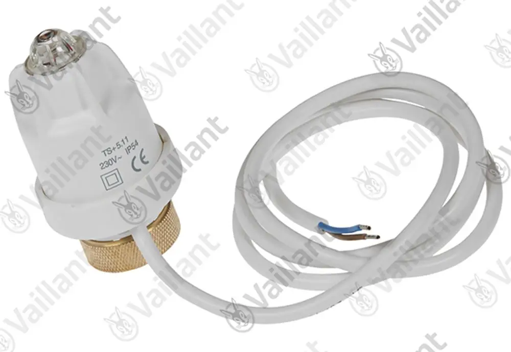 Vaillant-Komponente mit einem weißen Gehäuse, einem Anschluss und Kabeln. Der Artikel hat eine glasklare Kappe oben und einen metallischen Anschluss unten.